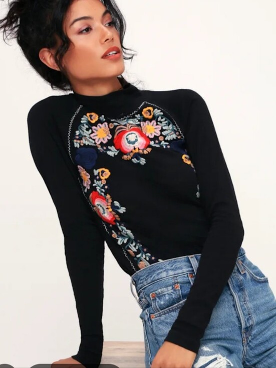 Free People Tops - Free People Disco Rose Embroidered Long Sleeve Mock Neck